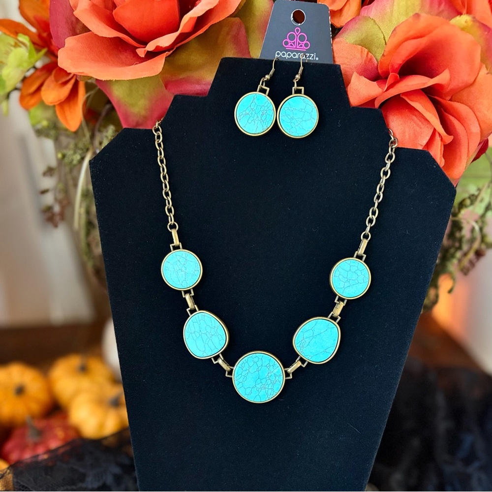 Paparazzi Turquoise and Brass Necklace Set